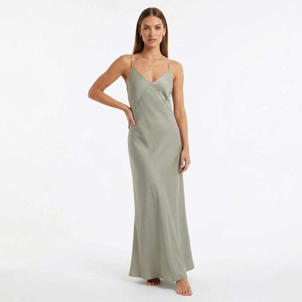 MOD REF Sage Green Maxi Slip Dress V-Neck Adjustable Straps Size Medium Side Zip